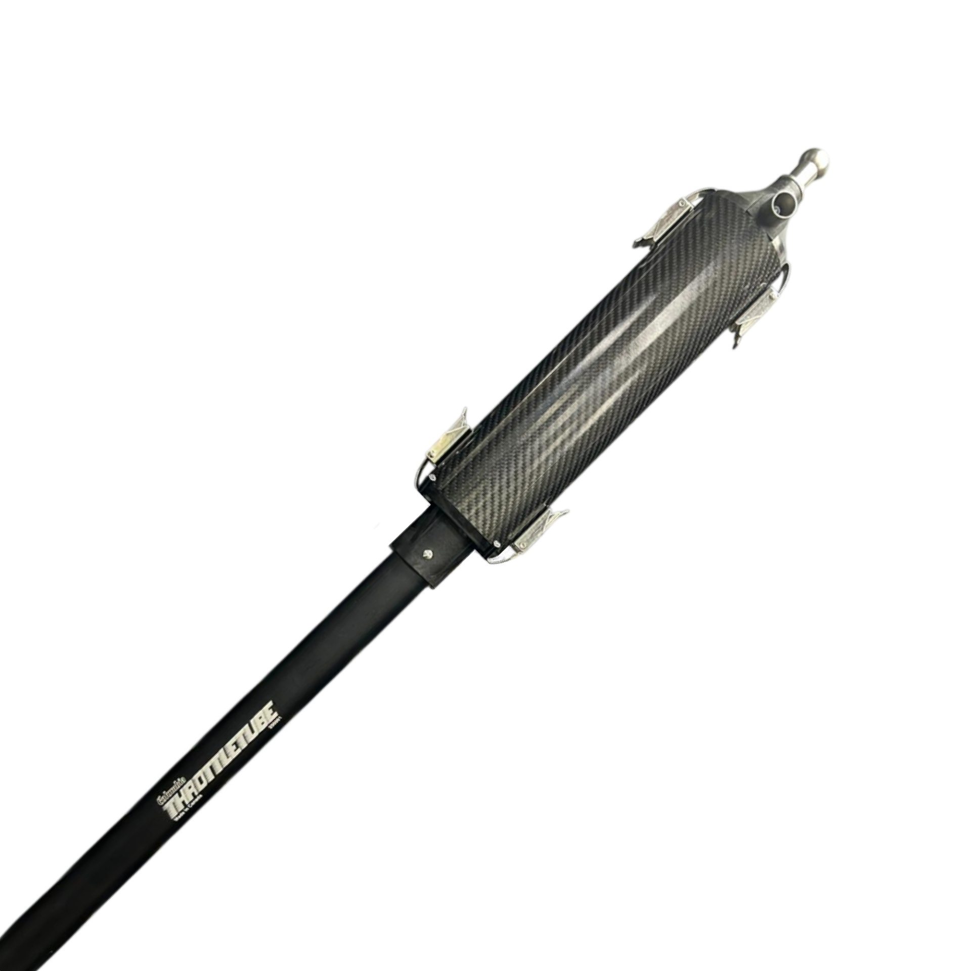 Componente preto de moto com capa em fibra de carbono e texto THROTTLETUBE.