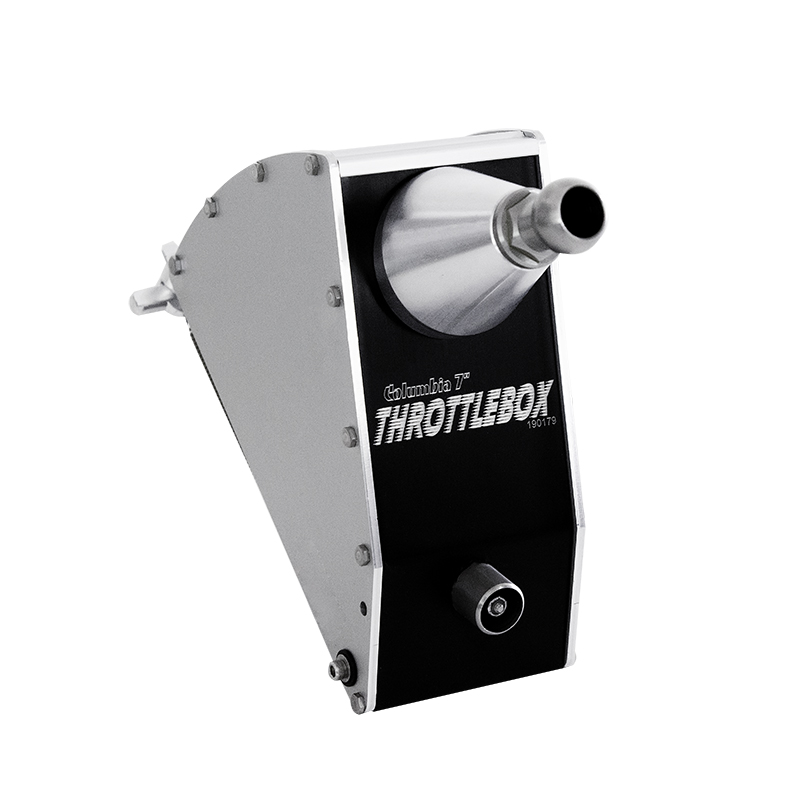 Dispositivo preto e prateado com saída cónica e texto THROTTLEBOX no painel