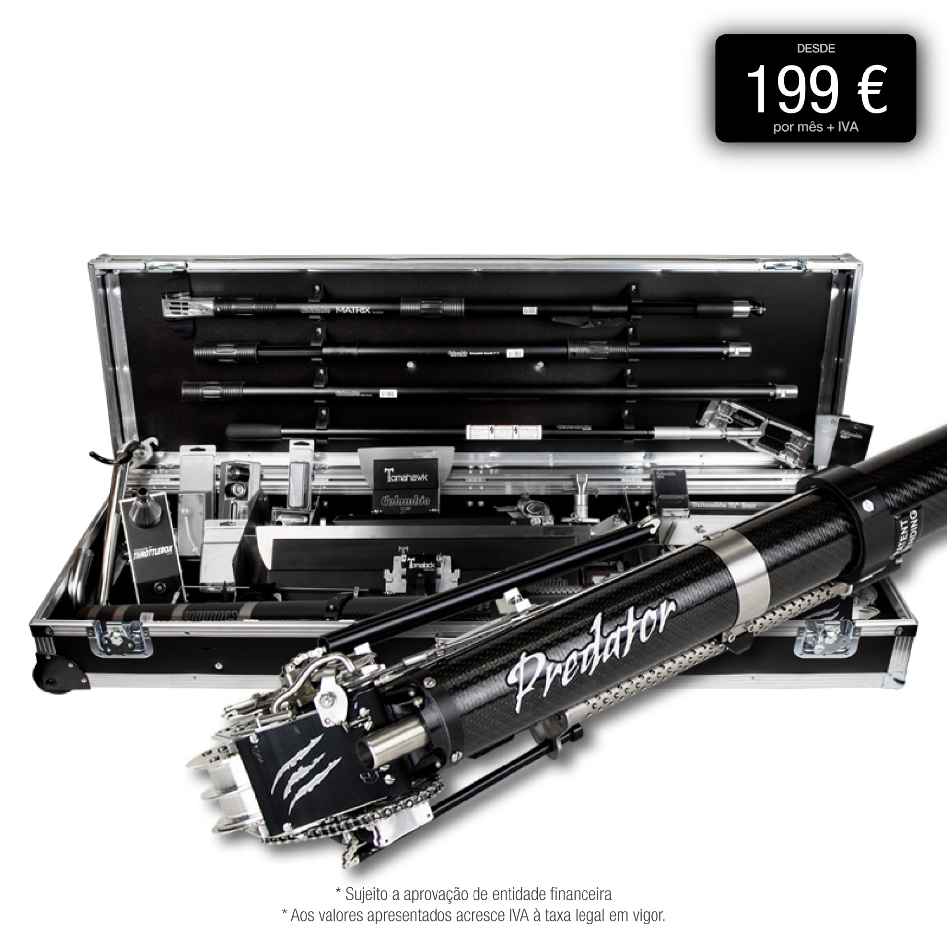 Conjunto de equipamento de pesca com arpão Predator e caixa preta aberta.