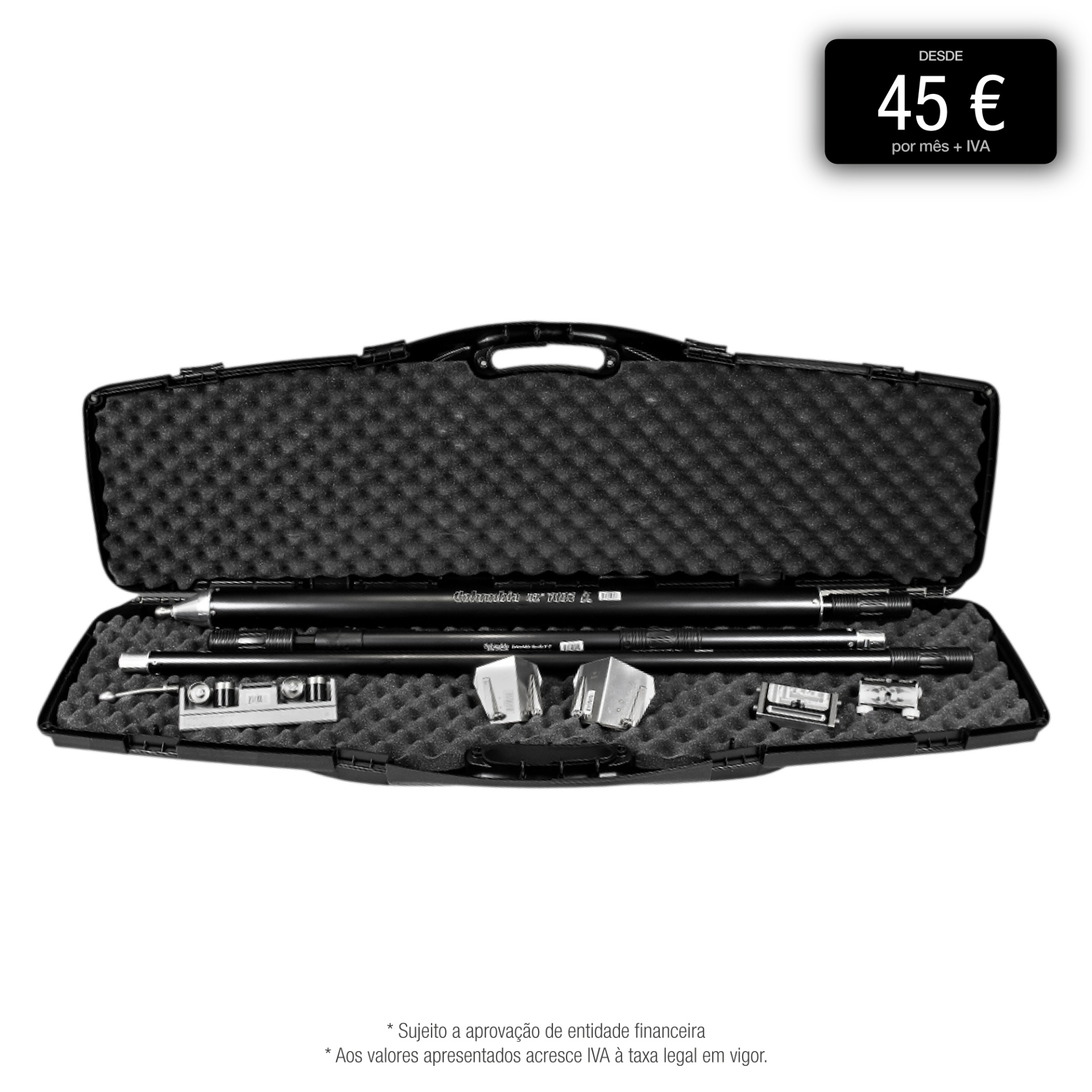 Estojo preto com tubos metálicos e acessórios pequenos em espuma acolchoada