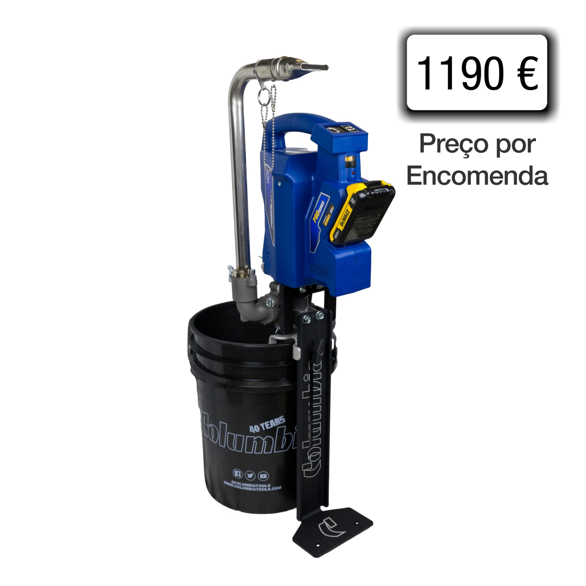 Máquina industrial azul e preta da Columbia Tools com bateria DeWalt, montada em balde preto com texto branco e suporte metálico.