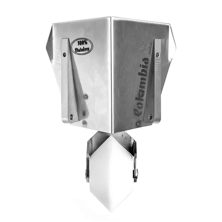 Dispositivo metálico prateado com texto '100% Stainless' e 'Colombia'