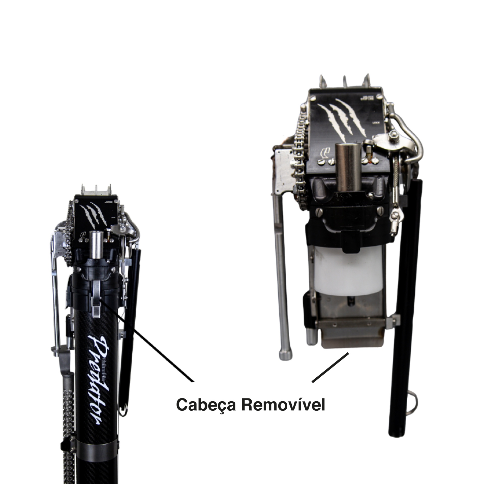 Peças metálicas pretas com texto Breqinator e indicação de cabeça removível