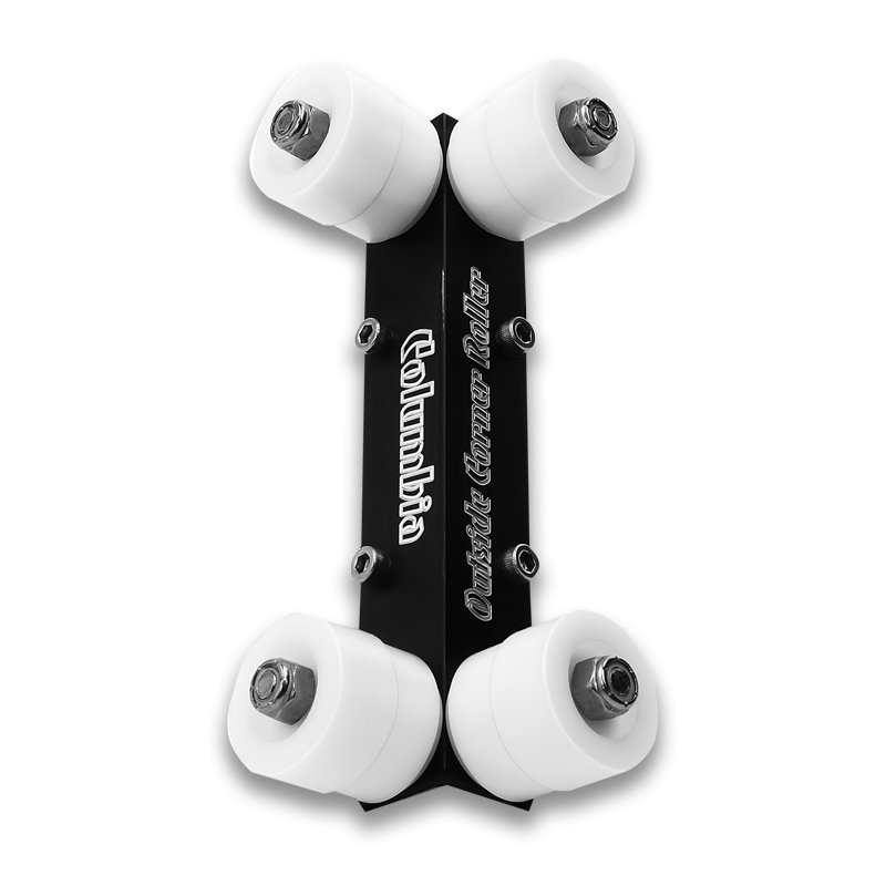 Quatro rodinhas de patins brancas com suporte preto e texto Kolumba Overlid Chrome roller