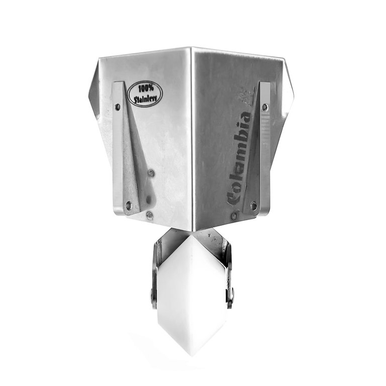 Dispositivo metálico prateado em aço inoxidável com inscrições e peça branca na parte inferior