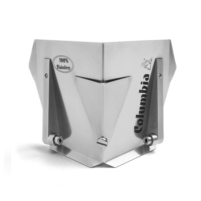 Suporte metálico para livros ou tablets em aço inoxidável com texto 100% Stainless e Columbia