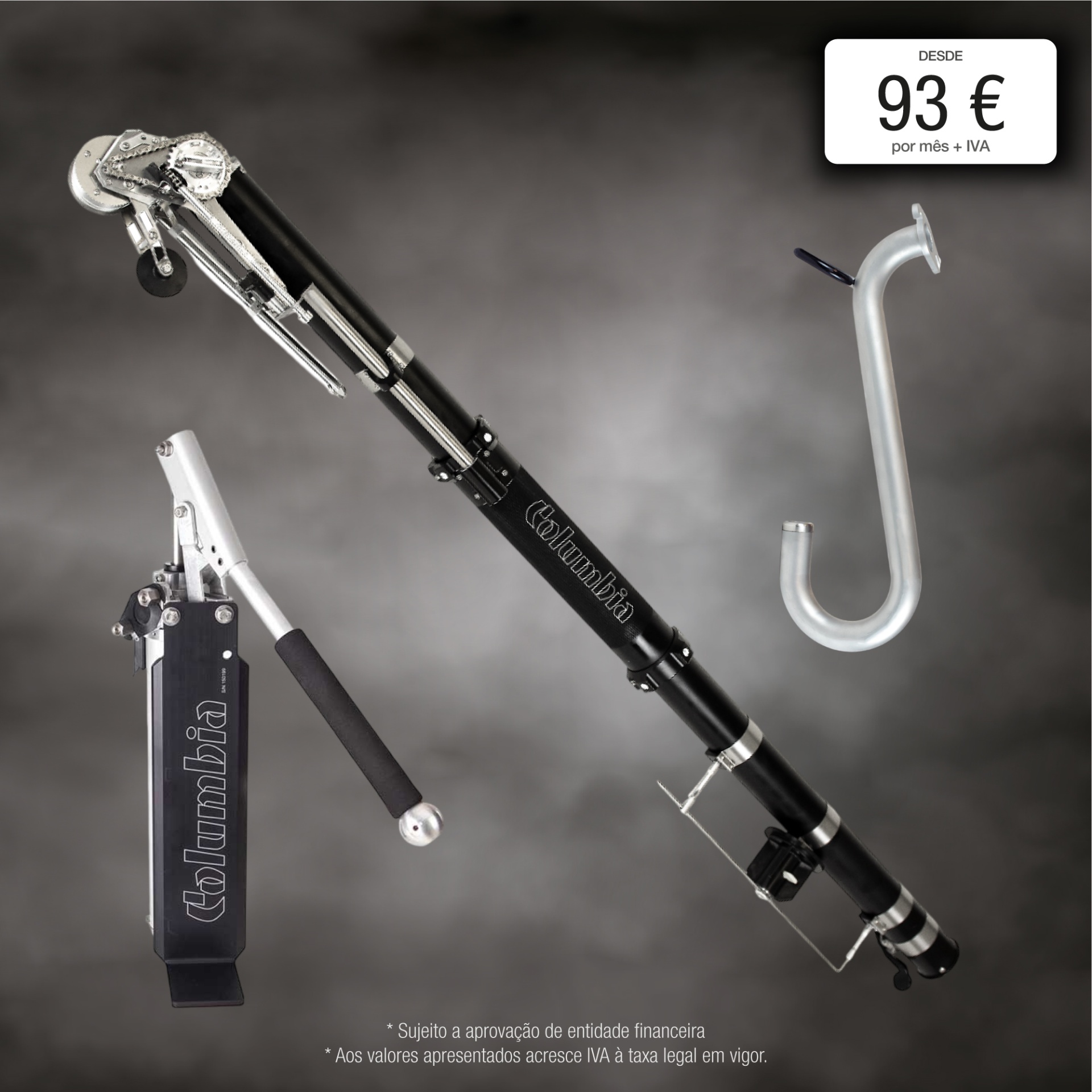 Lança de pescar telescópica preta e prata com gancho metálico e preço visível