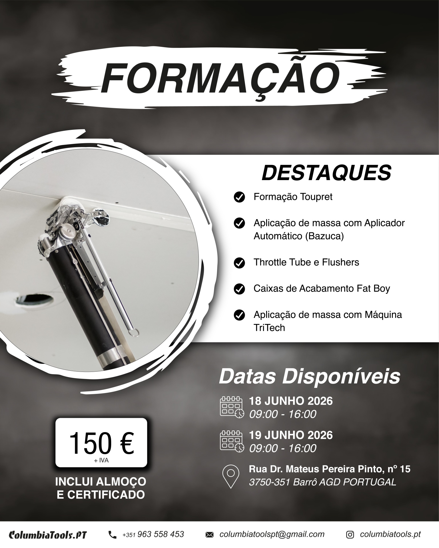 Formação em aplicação de massa com várias ferramentas e datas disponíveis em Junho 2026, preço e contacto.