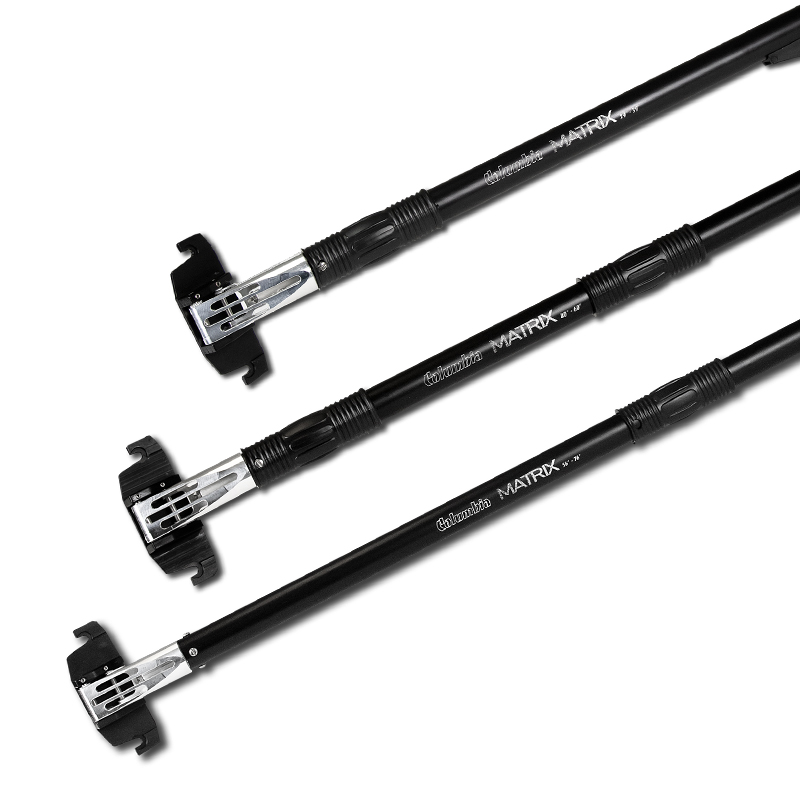 Três varas de pesca pretas com texto Shimano MATRIX e Carp Stalker 12FT