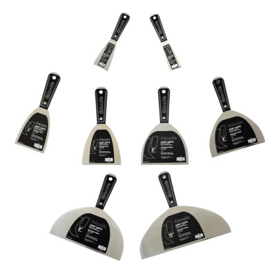 Conjunto de oito espátulas JOINT KNIFE Columbia de diferentes tamanhos com lâminas de aço inoxidável e cabos pretos.