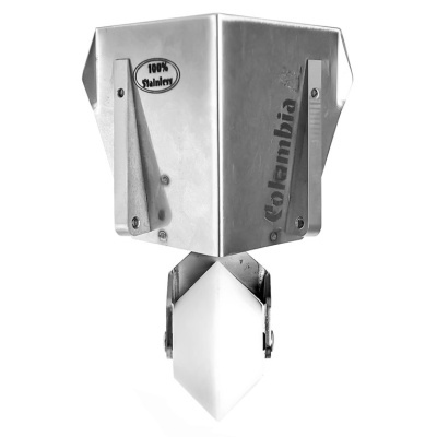 Conjunto metálico prateado com suporte triangular e peça branca em forma de lâmina