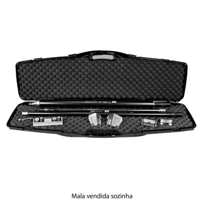 Mala preta aberta com acessórios metálicos interiores e hastes pretas