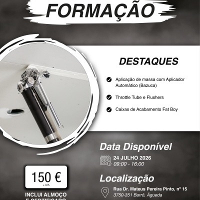 Imagem promocional de formação com aplicador automático, preço 150 €+IVA, inclui almoço e certificado, data 24 julho 2026, localização em Barrô, Águeda