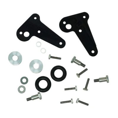 Conjunto de parafusos, arruelas e peças metálicas pretas sobre fundo branco