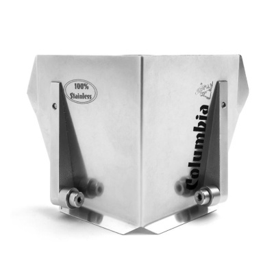 Suporte metálico em aço inoxidável com texto 100% Stainless e Columbia