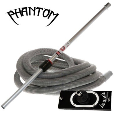 Kit para aspirador Phantom com tubo metálico cinzento, mangueira e base preta com texto PHANTOM