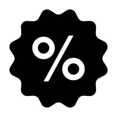Ícone de selo preto com símbolo de percentagem branco