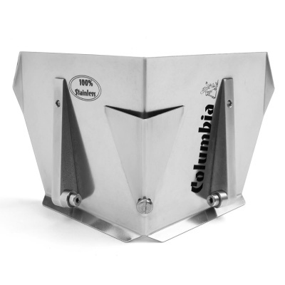 Funil metálico em aço inoxidável com inscrições '100% Stainless' e 'Columbia'.