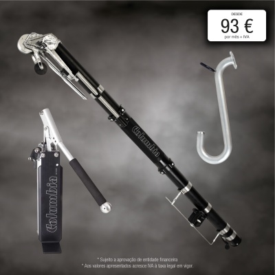 Lança de pescar telescópica preta e prata com gancho metálico e preço visível