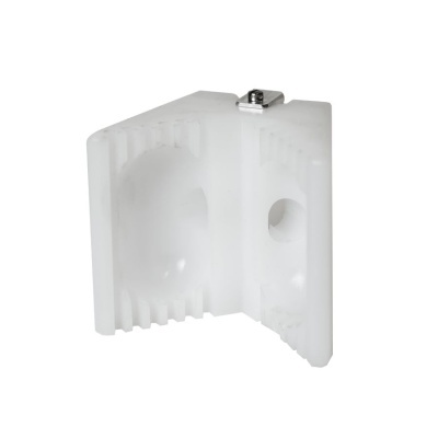 Braçadeira branca de plástico com textura canelada e parafuso metálico