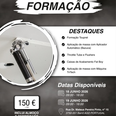 Formação em aplicação de massa com várias ferramentas e datas disponíveis em Junho 2026, preço e contacto.