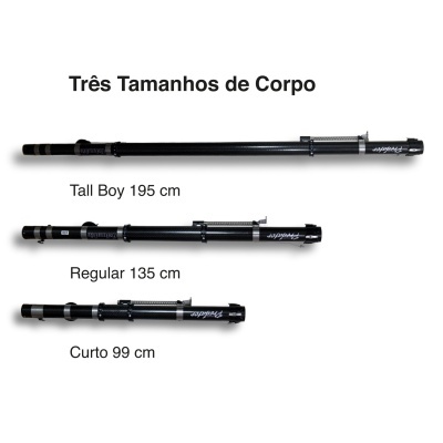 Três varas telescópicas pretas com texturas e tamanhos indicados