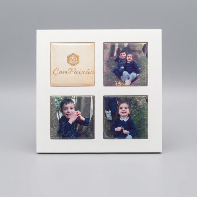 Moldura branca com quatro espaços, três com fotos de crianças e uma com texto ComPaixão