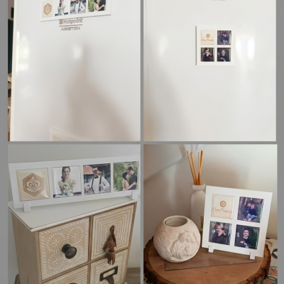 Molduras brancas com fotografias e texto ConPatricia em frigorífico e móveis de madeira com padrões decorativos