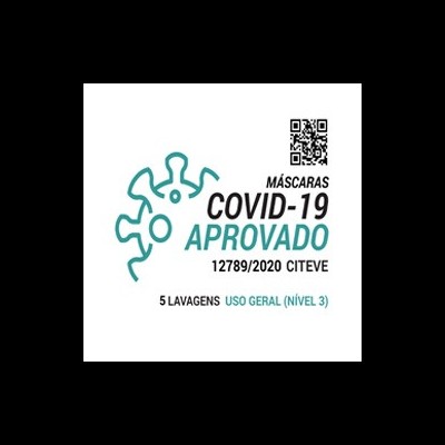 Etiqueta de aprovação para máscaras COVID-19 com texto e código QR