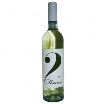 Garrafa de vinho branco '2 Manos' com rótulo branco e texto preto