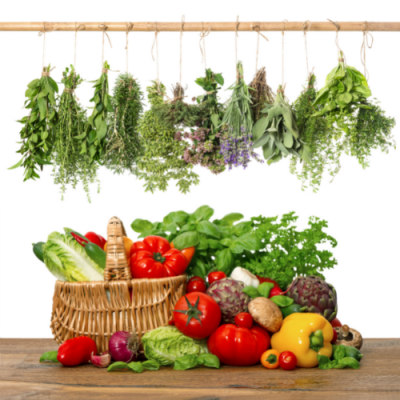 Vegetais frescos e ervas secas penduradas