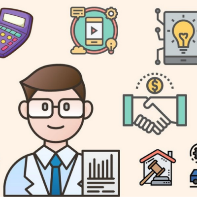 Ilustração de homem e ícones relacionados a negócios e finanças