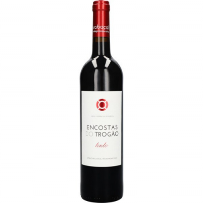 Garrafa de vinho tinto Encostas do Trogão com rótulo branco e tampa vermelha