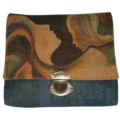 Mala de mão em cortiça com padrão colorido e fecho metálico prateado