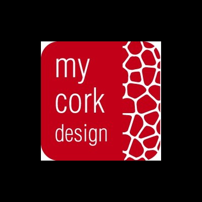 Logótipo my cork design com fundo vermelho e padrão branco de cortiça