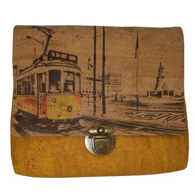 Mala pequena de cortiça com padrão de elétrico amarelo e paisagem urbana