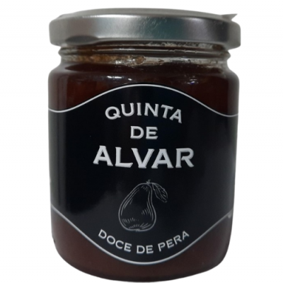 Frasco de vidro de doce de pera com etiqueta preta e tampa metálica cinzenta