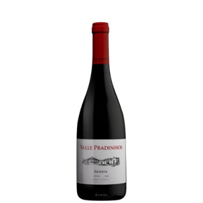 Garrafa de vinho tinto Reserva Valle Pradinhos com rótulo branco e tampa vermelha