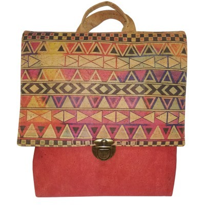 Mala de mão com padrão geométrico colorido e fecho metálico