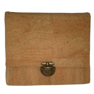 Bolsa ou carteira de cortiça bege com fecho metálico prateado