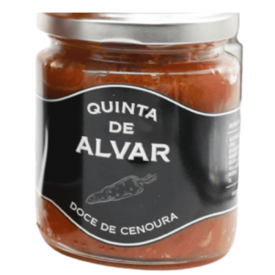 Frasco de doce de cenoura Quinta de Alvar com rótulo preto