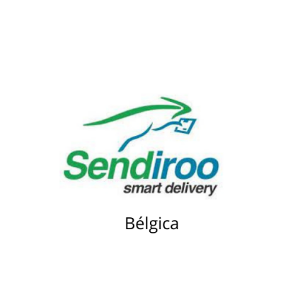 Logótipo da Sendiroo com seta verde e caixa azul e texto 'Sendiroo smart delivery Bélgica'