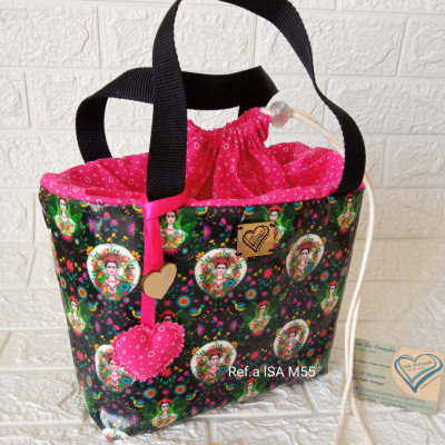 Bolsa com padrão colorido de Frida Kahlo e alças pretas