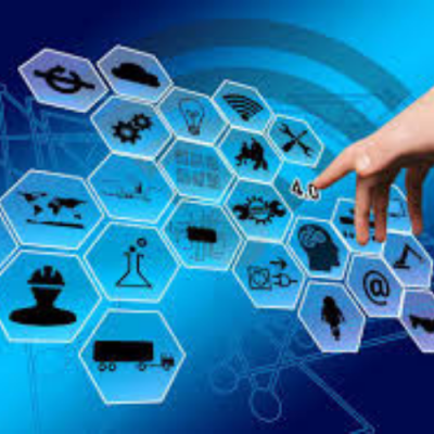 Interface digital azul com ícones tecnológicos hexagonais e mão apontando '4.0'