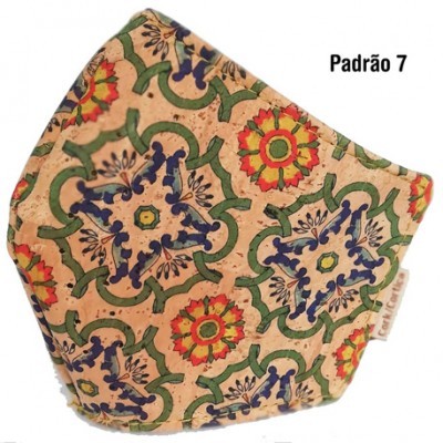 Máscara de tecido com padrão floral colorido e texto 'Padrão 7'