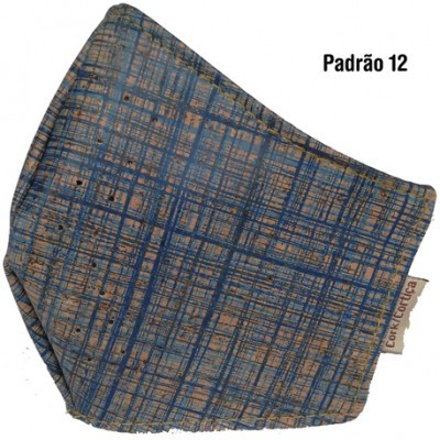 Máscara facial reutilizável com padrão xadrez azul e bege e etiqueta Loelf Portugal