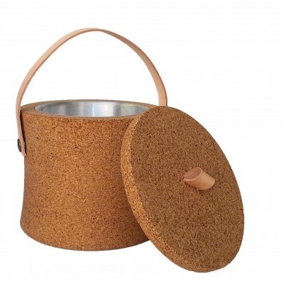Contentor redondo para gelo revestido a cortiça com tampa e pega