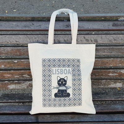 Saco de pano branco estampado com gato e texto 