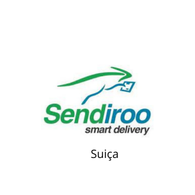 Logótipo colorido Sendiroo com texto 'smart delivery' e palavra 'Suíça'