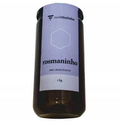 Frasco de mel biológico rosmaninho com rótulo lilás em vidro castanho